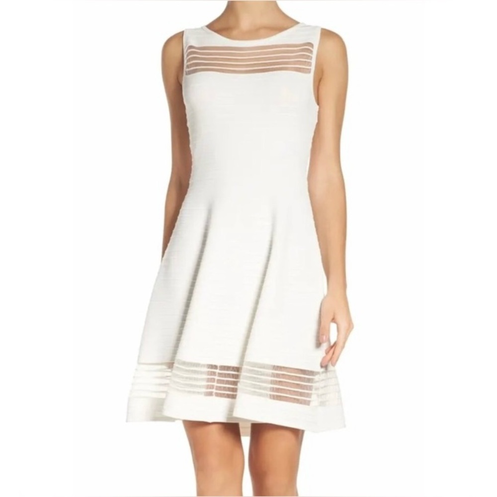 White Midi Dress Debossed Stripes Sheer Accents French Connection NEW *NO TAGS*